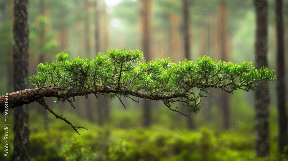 Fototapeta premium The soft green branches of the pine trees in the surrounding forest create a serene atmosphere, background wallpaper AI generated image