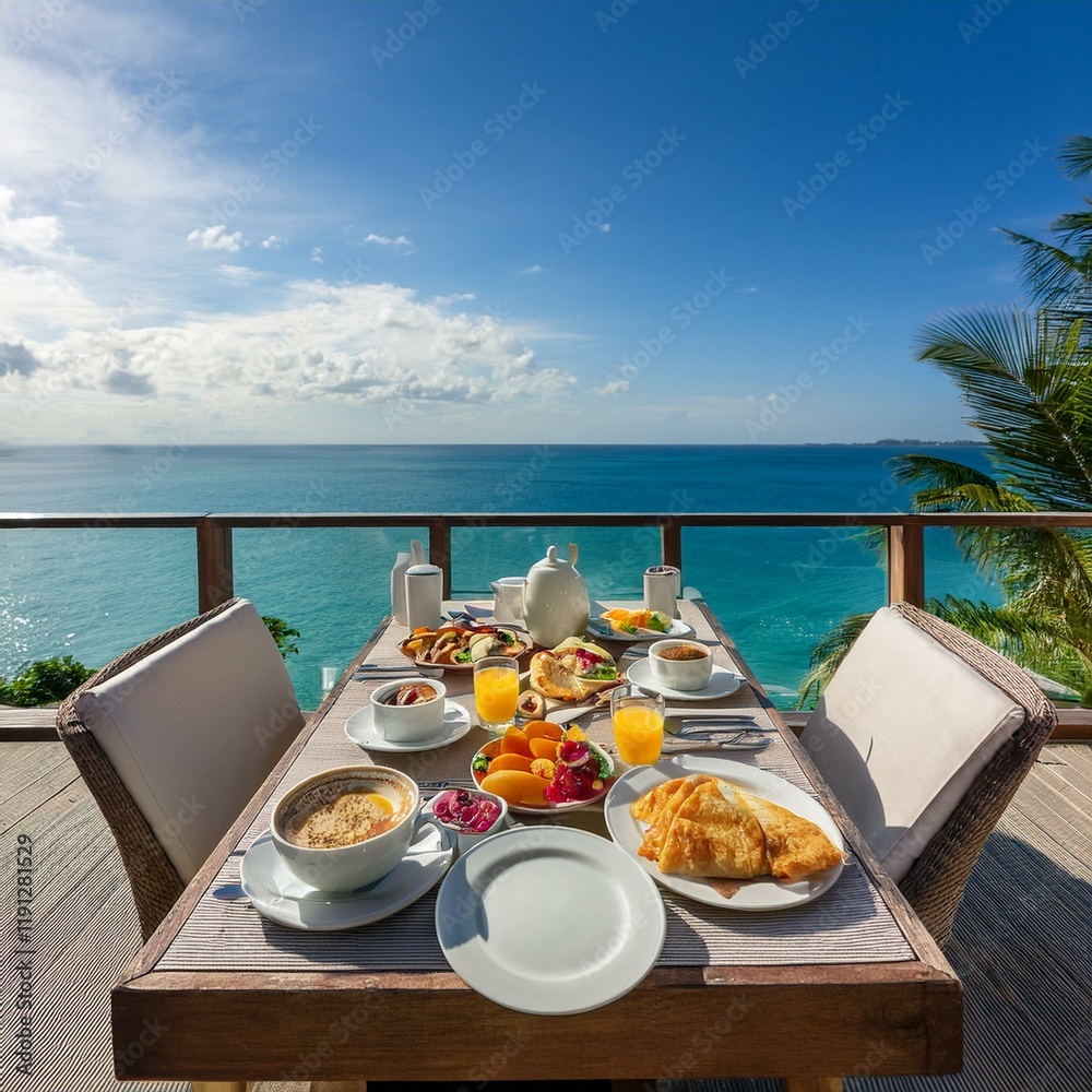 Fototapeta premium Generated image A panoramic view captures luxurious breakfast table set for two