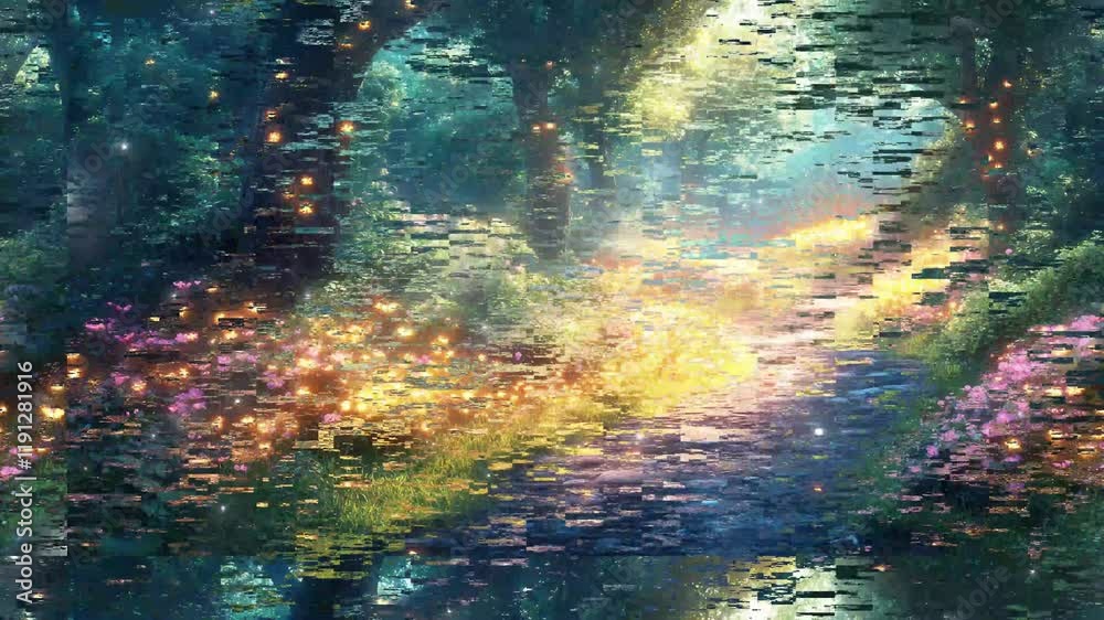 A mystical forest glows with twinkling lights and blossoms under soft ...
