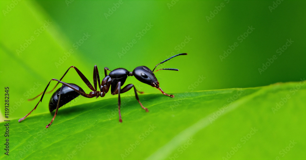 Micro photography of Black ants on green leaf, Mahe Seychelles