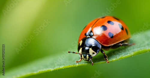 Macro shots, Beautiful nature scene. Beautiful ladybug on leaf defocused background