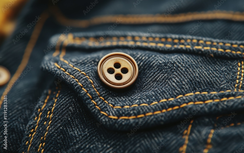 Close-up of a meticulously sewn button on dark denim. The golden thread adds a touch of elegance to the rugged texture. Close-up of a meticulously sewn button on dark denim. The golden thread adds a touch of elegance to the rugged texture.