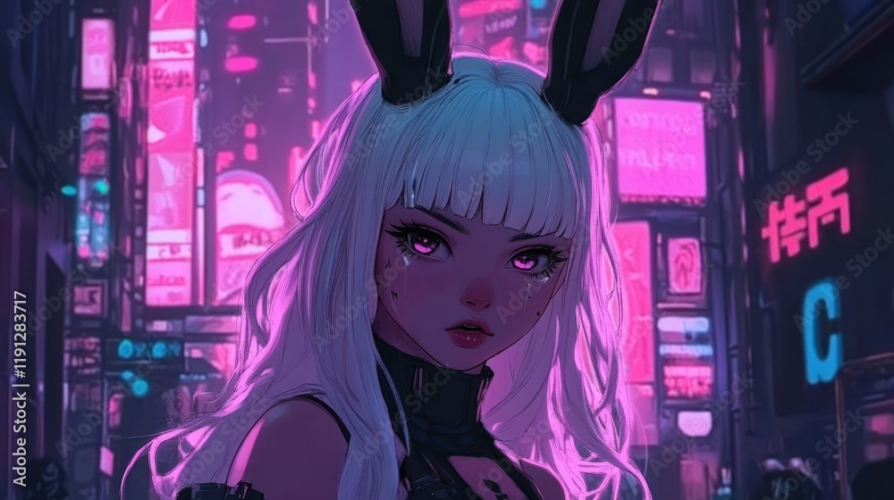 Girl cute anime style white hair wearing a bunny ear headband in a cyberpunk city background wallpaper AI generated image Girl cute anime style white hair wearing a bunny ear headband in a cyberpunk city background wallpaper AI generated image