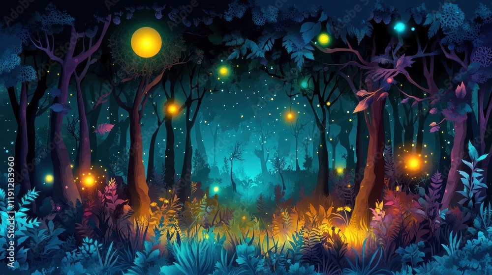 Fototapeta premium Enchanting Night Forest With Glowing Fireflies And Moon