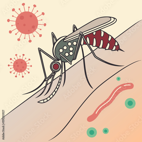 illustration of Zica virus aedes aegypti mosquito on human skin - Dengue, Chikungunya, Mayaro, Yellow fever