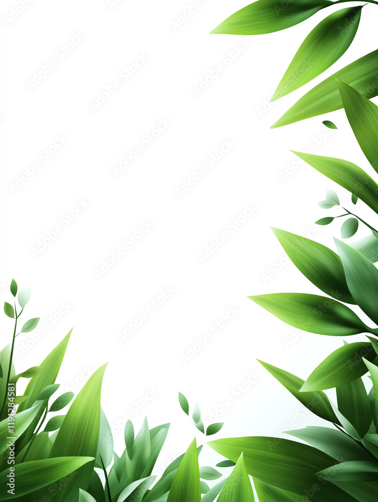Fototapeta premium A vibrant collection of green leaves framing a white background, perfect for nature themes and eco-friendly designs.