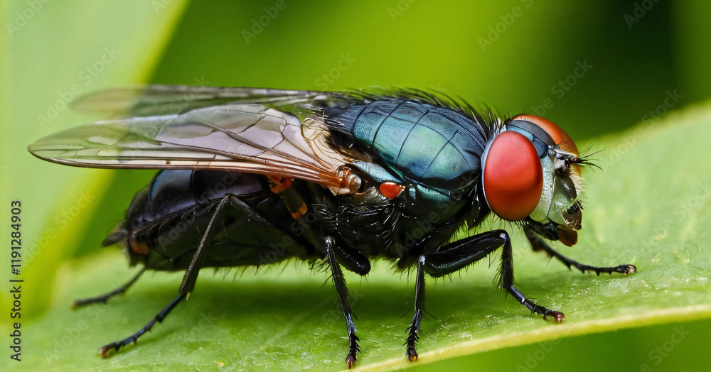 Natural detailed closeup on a red eyed flesh fly, Sarcophaga species in the garden sitting on a green leaf