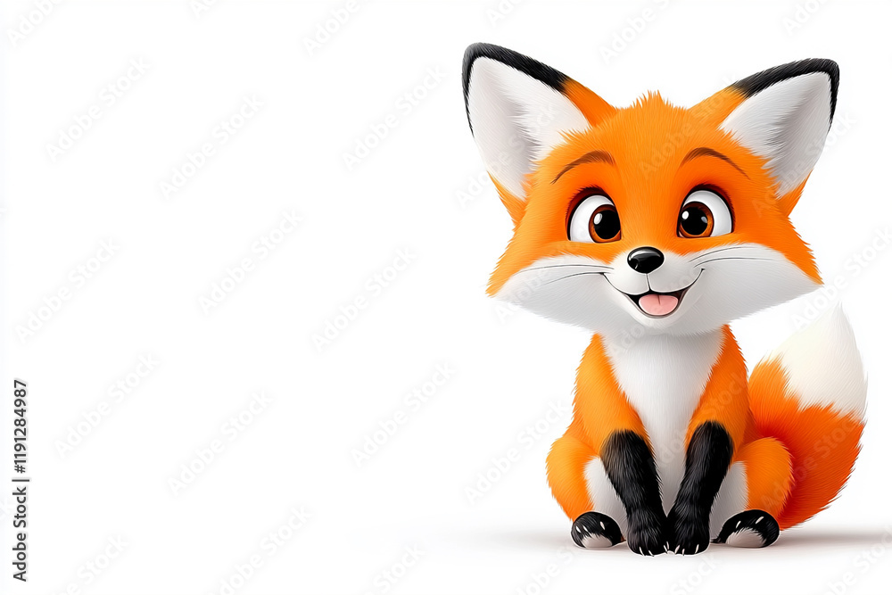 Fototapeta premium Cute Cartoon Fox Sitting Happily With a Joyful Expression in a Whimsical Forest Setting During a Sunny Day