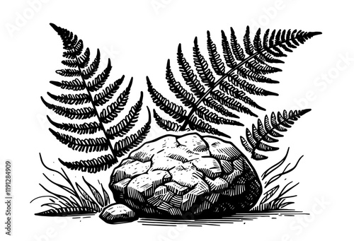 fern leaves and stone vector illustration for nature and botanical design