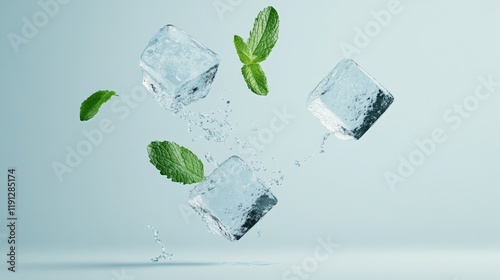 Ice cubes and mint leaves are levitating and splashing water on a soft blue background, creating a refreshing and cool visual, perfect for summer themed projects photo