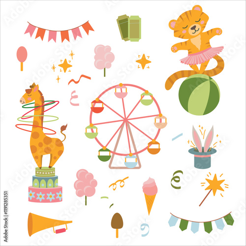 Circus. Circus animals actors. Mobile Fair. Holiday. Performance. Tricks. Attributes of a circus show. Decorations for the holiday. Vector illustration