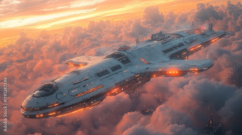 Futuristic spaceship soaring above a breathtaking sunset, amidst fluffy clouds. Futuristic spaceship soaring above a breathtaking sunset, amidst fluffy clouds.