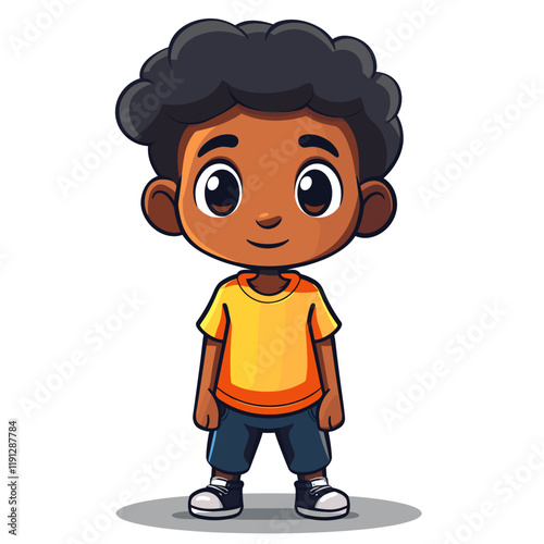 Vector illustration of a cute little black boy in yellow t-shirt.