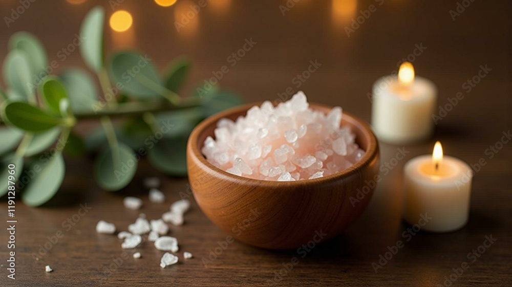 Luxurious Spa Setting with Himalayan Salt, Eucalyptus, and Candle on a Wooden Platform Luxurious Spa Setting with Himalayan Salt, Eucalyptus, and Candle on a Wooden Platform