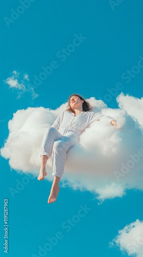 Young woman wearing pajamas enjoys a peaceful sleep while levitating on a fluffy white cloud against a vibrant blue sky, creating a surreal and dreamy atmosphere