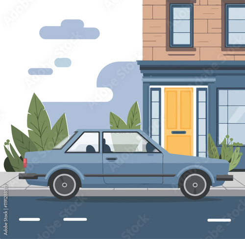 A flat illustration of a blue car parked in a city