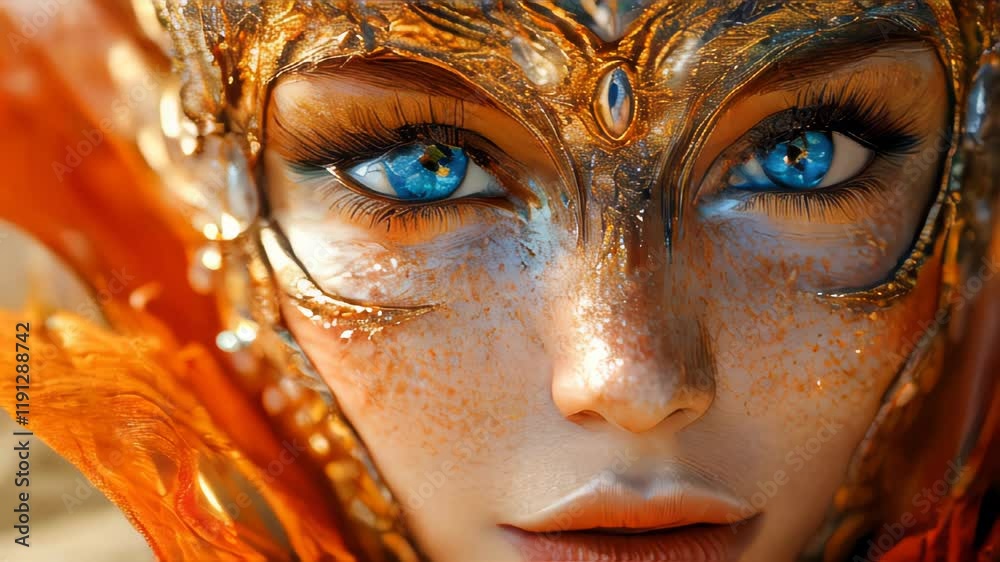 Close-up of a woman face adorned with intricate golden carnival makeup and blue eyes, emphasizing elegance and detail Close-up of a woman face adorned with intricate golden carnival makeup and blue eyes, emphasizing elegance and detail