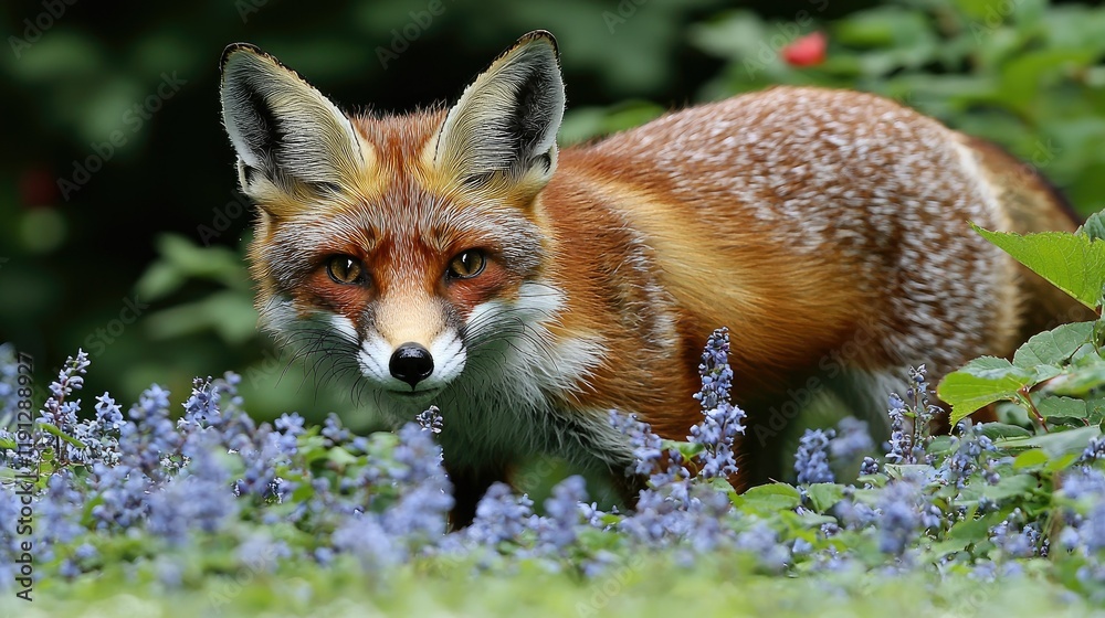 Naklejka premium Red Fox Amidst Vibrant Blue Flowers In Garden
