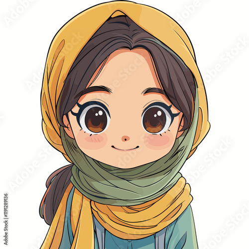 Vector illustration of Cute little Muslim girl in traditional clothes.