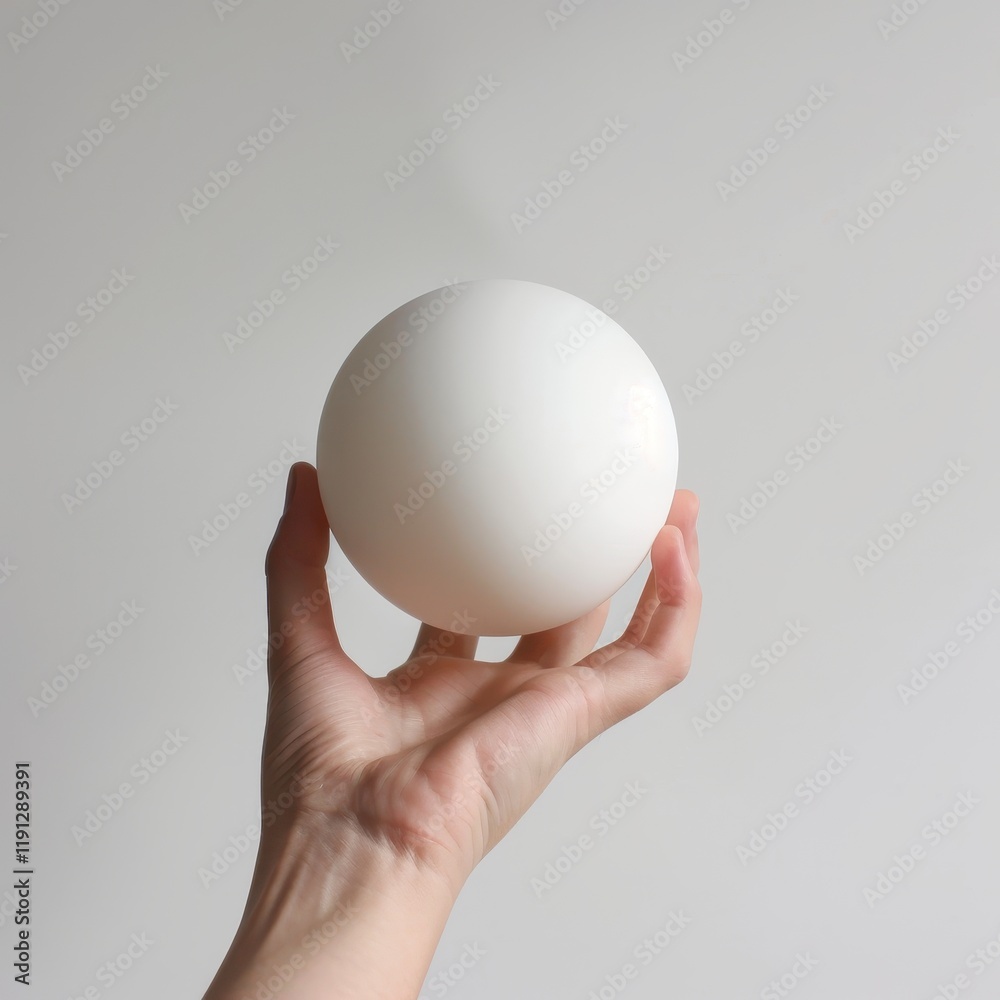 A hand presenting a flawless white sphere on a plain backdrop A hand presenting a flawless white sphere on a plain backdrop