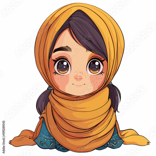 Vector illustration of Cute little Muslim girl in traditional clothes.