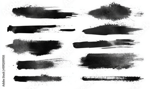 Black watercolor grunge stains and lines set, painted style