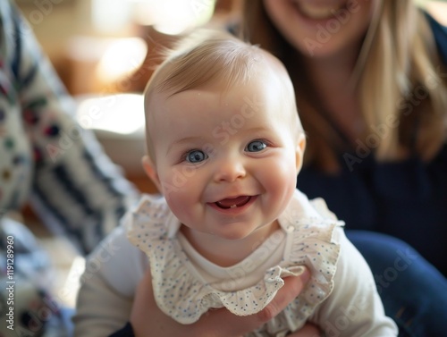 A joyful baby smiling while sitting comfortably on a woman's lap