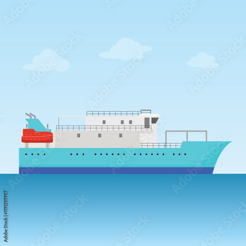 A serene teal ship sails calmly on a tranquil ocean under a pale blue sky.  Simple design, peaceful mood.