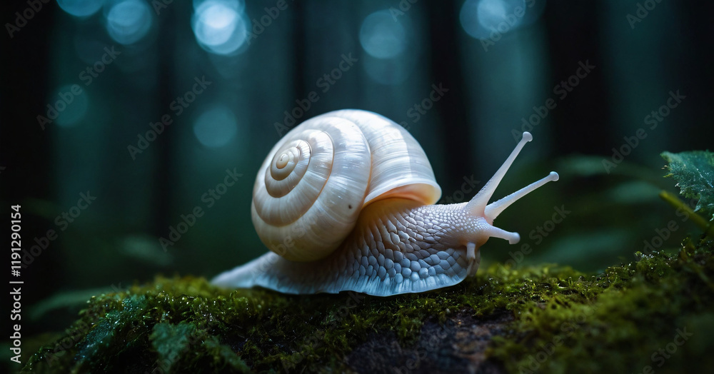 White snail house sitting on top of a seed in a forest dark moody nature macro close-up