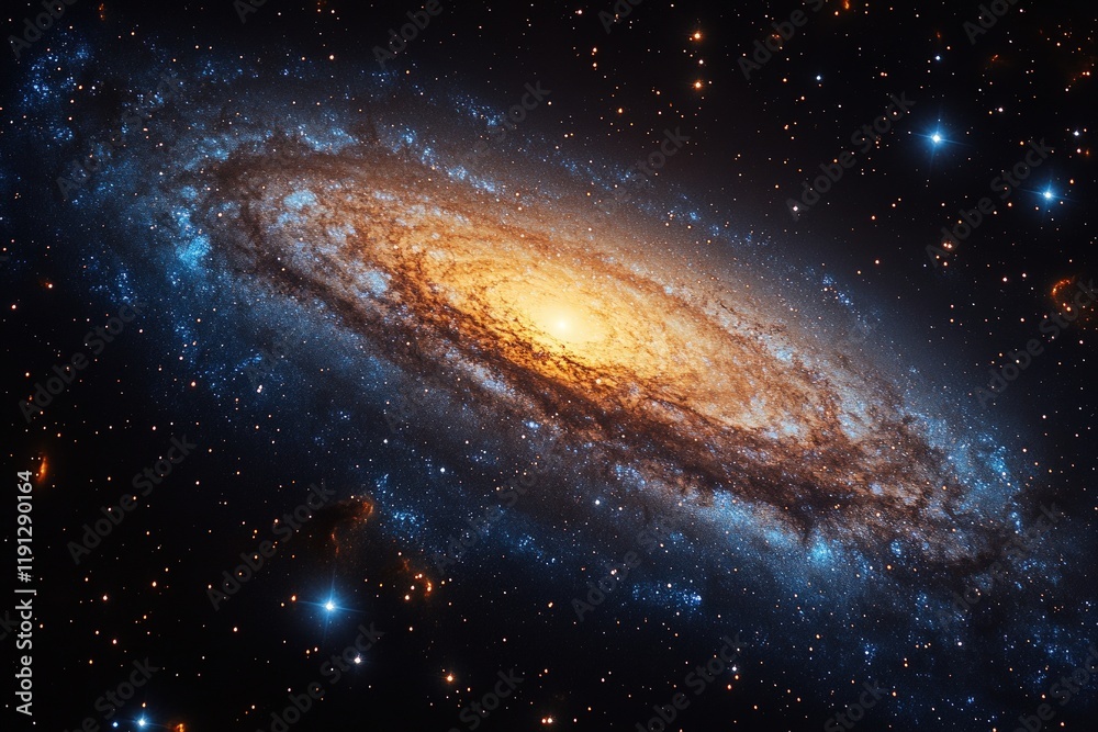 Fototapeta premium Spiral galaxy, stars, cosmic dust, vibrant colors.