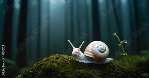 White snail house sitting on top of a seed in a forest dark moody nature macro close-up