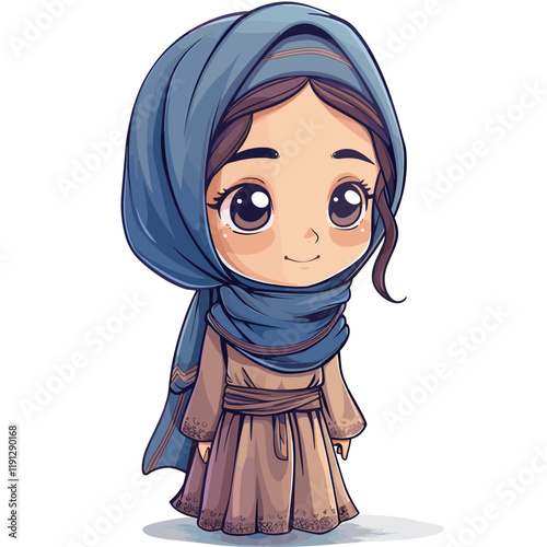 Cute cartoon Muslim girl with blue hijab. Vector illustration.