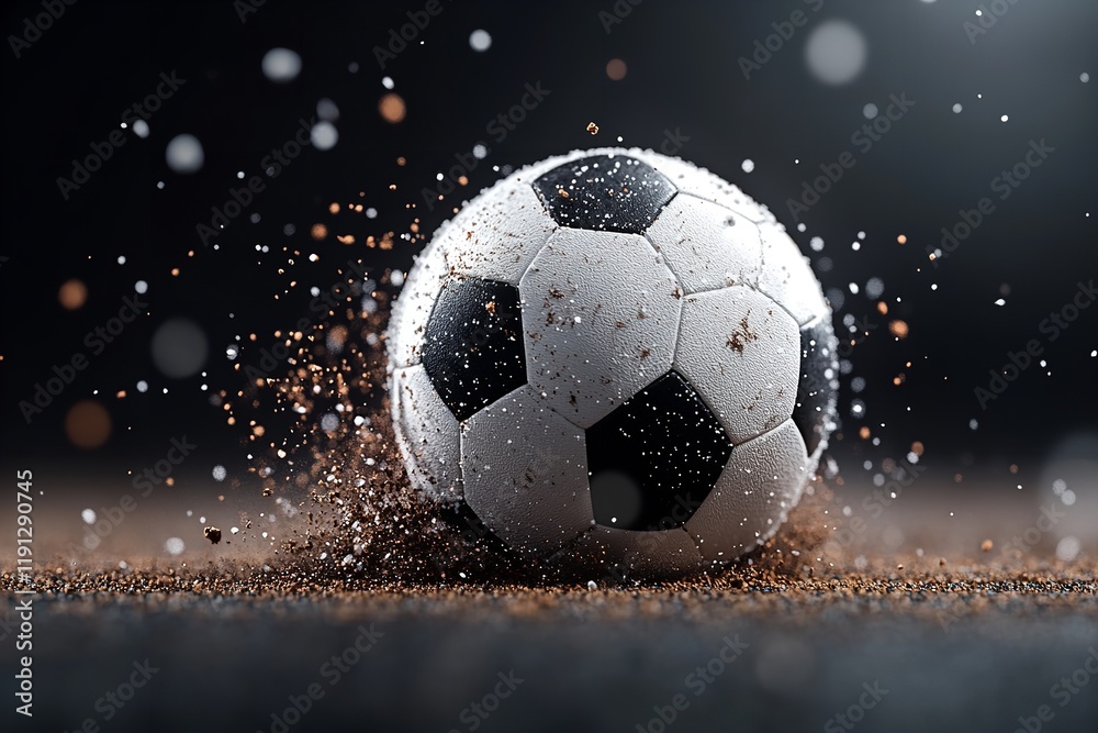 Naklejka premium A soccer ball hits the ground, creating a spray of dirt and dust. The background captures the intensity of a competitive game, showcasing the energy and excitement of the sport
