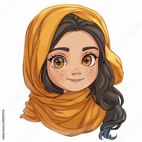 Cute cartoon Muslim girl in yellow hijab. Vector illustration.