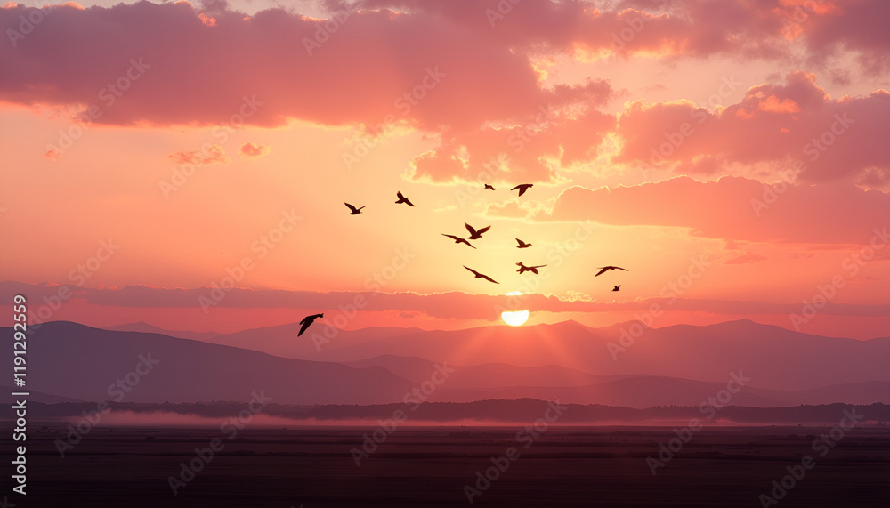 Birds flying against a vibrant sunset over mountains and valleys Birds flying against a vibrant sunset over mountains and valleys