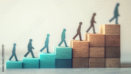 Wooden blocks in gradient colors from brown to teal form steps, with abstract figures walking up toward success