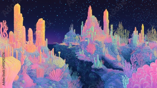 Neon Cityscape Beneath A Starry Night Sky