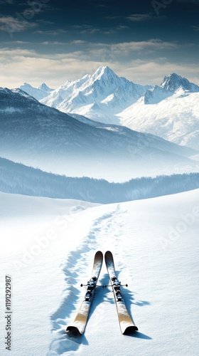 Serene Mountain Landscape with Skis on Snowy Slope Under Clear Sky photo