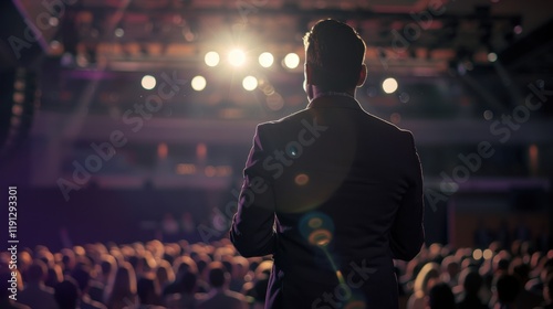 Male keynote speaker engaging audience on stage in photorealistic setting