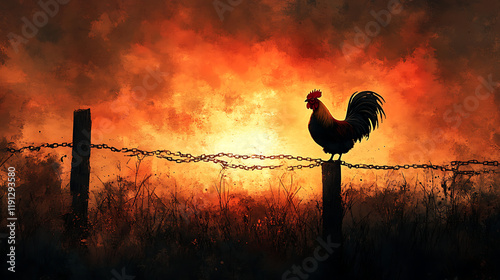 A dramatic scene of a rooster crowing on a fence, broken chains glowing with heavenly light scattered in the foreground, the vibrant sunrise symbolizing freedom and redemption, intricate details, photo