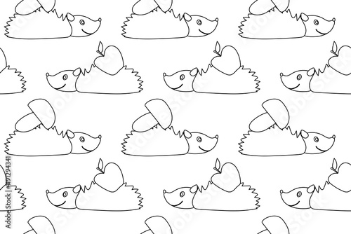 Black and white seamless coloring page featuring cute hedgehogs carrying apples and mushrooms, perfect for creative designs.