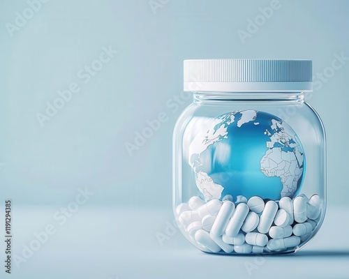 A globeshaped pill bottle with continents spilling out, symbolizing global medication reliance, symbolic photo