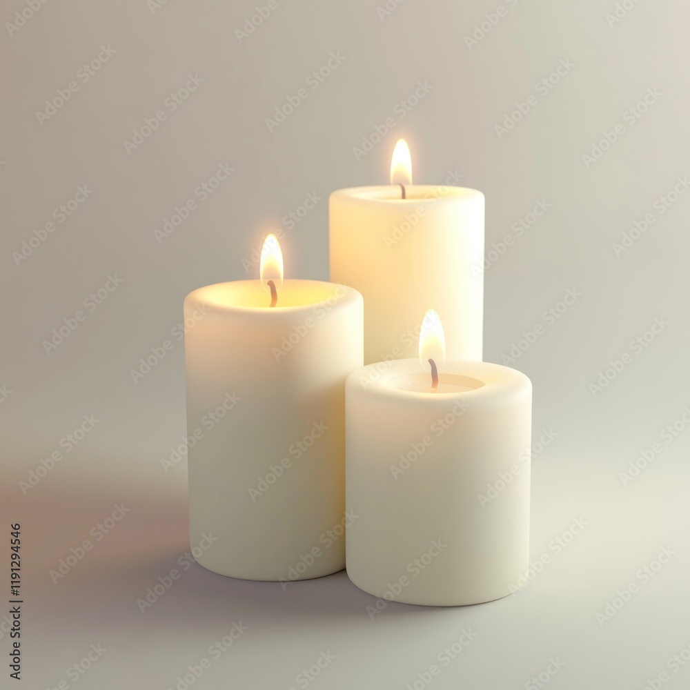 Three lit cylindrical candles of varying sizes on a neutral background. Three lit cylindrical candles of varying sizes on a neutral background.