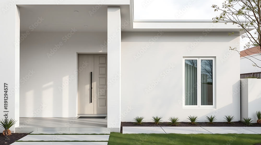 Fototapeta premium Modern Minimalist House Exterior: Clean Lines and Elegant Design. This stunning contemporary home showcases a sleek facade, minimalist architecture, and a beautifully landscaped garden.