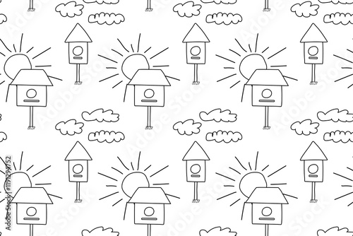 Black and white seamless coloring page with birdhouses, fluffy clouds, and radiant suns, ideal for creative projects.