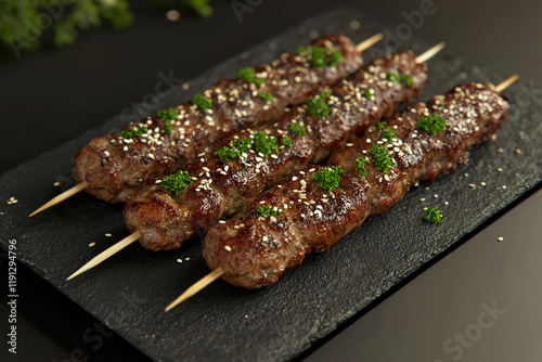 Beef Kebabs on Slate Plate Garnished with Parsley and Sesame in Minimalist Style photo