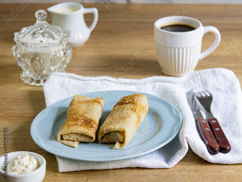 breakfast with pancackes and coffee