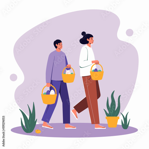 Joyful Easter egg hunters walking with baskets, spring celebration