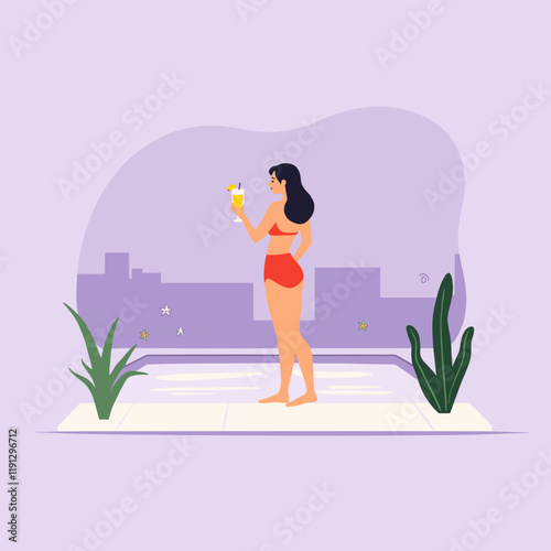 Woman enjoying cocktail by poolside, vibrant relaxation