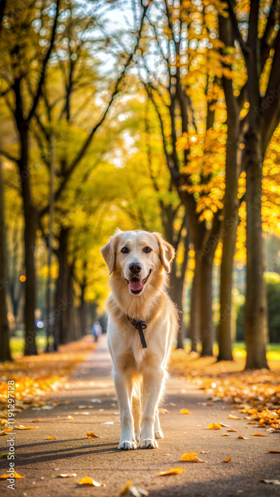 Smiling golden retriever walking on a leaf-strewn path in a sunny autumn park, cheerful and vibrant atmosphere, copy space Smiling golden retriever walking on a leaf-strewn path in a sunny autumn park, cheerful and vibrant atmosphere, copy space